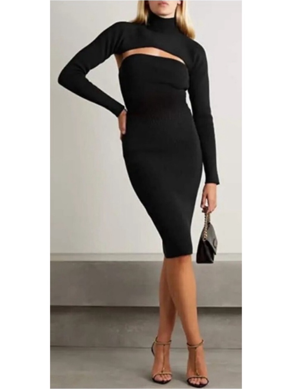 TOM FORD Strapless Long Sleeve Shrug Virgin Wool Black Midi Dress Size XS
